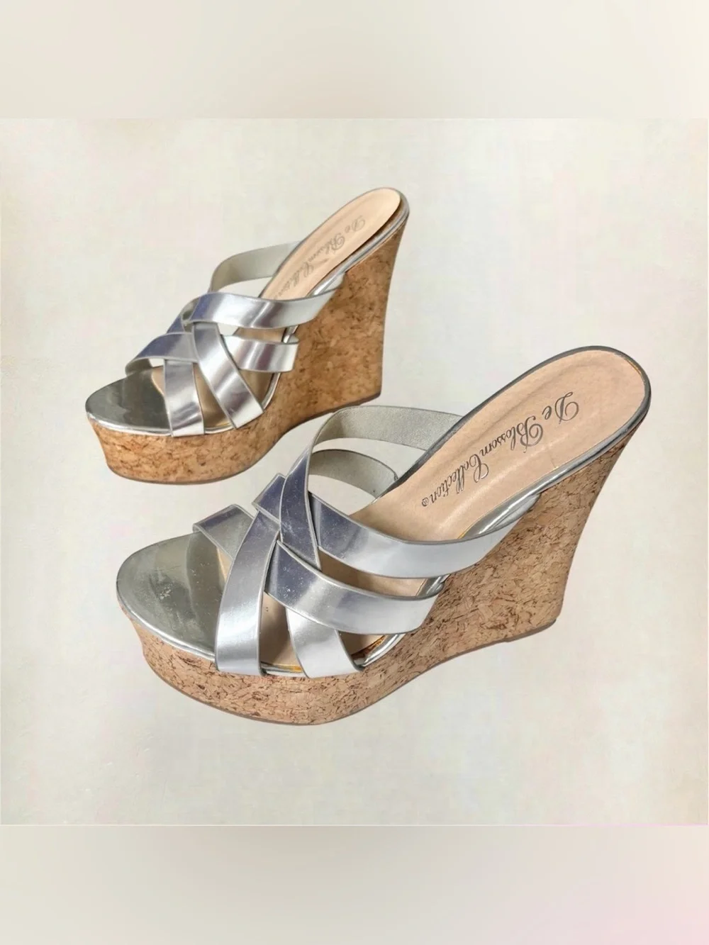 De Blossom Collection Silver Metallic Cork Wedge Sandals - used